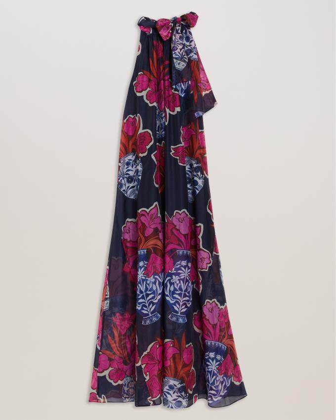 Peignoir Ted Baker Tie Neck Printed Flowy Maxi Bleu Foncé Femme | RTU-42296108